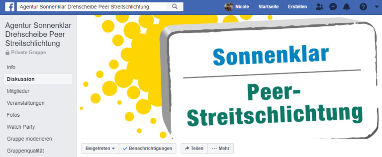 Screenshot der Facebook Seite von der Agentur Sonnenklar Drehscheibe Peer Streitschlichtung
