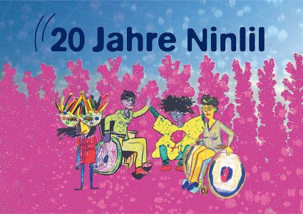 Zeichnung mit der Überschrift 20 Jahre Ninlil. Unter der Überschrift feiern 4 ganz bunte, diverse Personen.