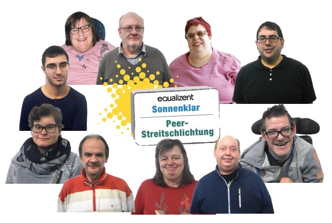 Porträts aller Mitglieder der Drehscheibe Peer Streitschlichtung. In der Mitte aller Porträts sieht man das Logo der Agentur Sonnenklar und der Peer-Streitschlichtung