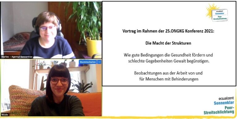 Zwei Personen während eines Zoom Meetings. Links sieht man die 2 Personen rechts ein Dokument mit der Überschrift: Vortrag im Rahmen der 25. ONGKG Konferenz 2021: