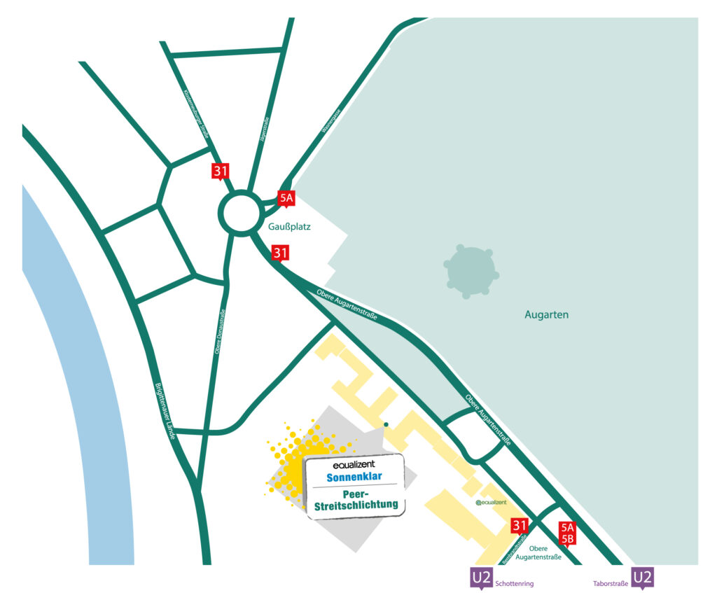 Bild zur Wegbeschreibung. Die Agentur Sonnenklar befindet sich an der Oberen Augartenstraße. Die nähesten Stationen sind Gaußplatz (31 und 5A) und Obere Augartenstraße (31, 5A und 5B)
