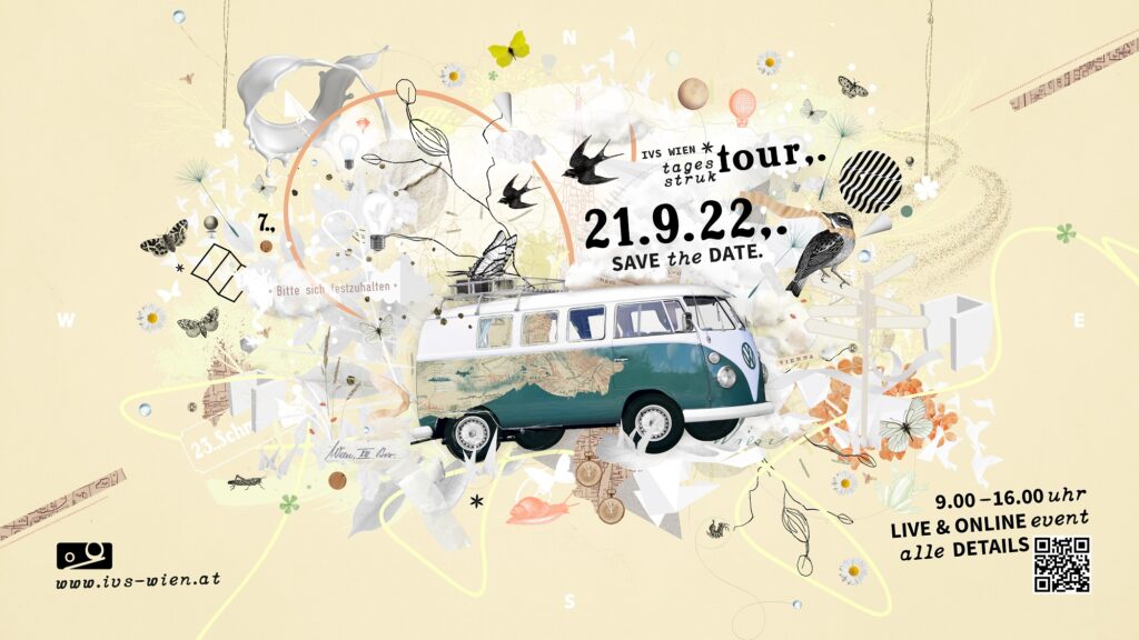 Poster der "Tages-Struk-Tour 2022". In der Mitte ist ein VW Bus über dem die Daten der Veranstaltung stehen. Dahinter ist eine Collage aus ganz vielen verschiedenen Grafiken.