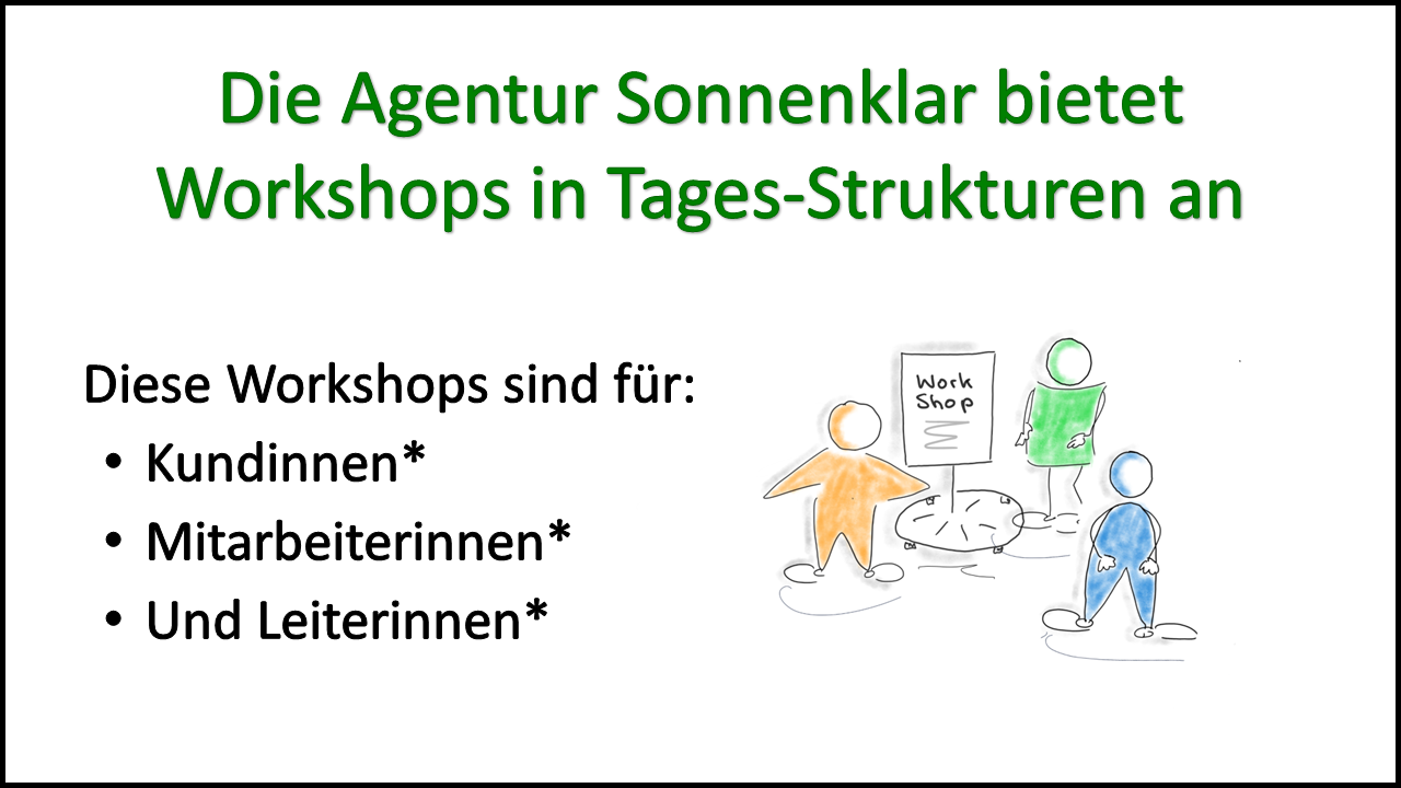 Eine Infograifk. Zu lesen ist: Die Agentur Sonnenklar bietet Workshops in Tages-Strukturen an. Die Workshops sind für Kundinnen*, Mitarbeiterinnen* und Leiterinnen*