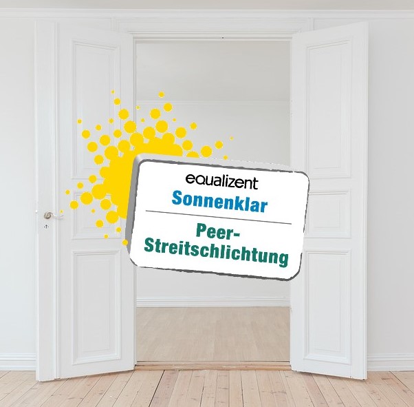 Logo der Agentur Sonnenklar Peer-Streitschlichtung, agebildet vor eine offenen Tür.