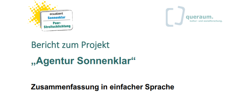 Überschrift der Evaluation des Projekts Agentur Sonnenklar. Zu lesen ist: Bericht zum Projekt "Agentur Sonnenklar" Zusammenfassung in einfacher Sprache