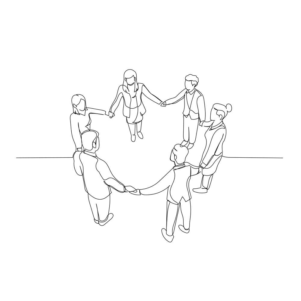 Zeichnung von mehreren Menschen die im Kreis stehen und Hände halten.