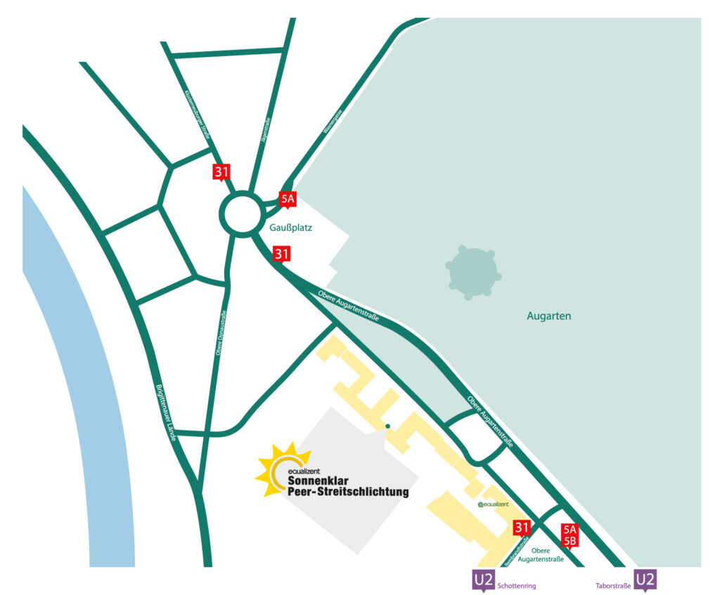 Bild zur Wegbeschreibung. Die Agentur Sonnenklar befindet sich an der Oberen Augartenstraße. Die nähesten Stationen sind Gaußplatz (31 und 5A) und Obere Augartenstraße (31, 5A und 5B)