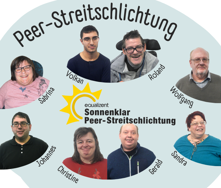 Porträts aller Mitglieder der Drehscheibe Peer Streitschlichtung. In der Mitte aller Porträts sieht man das Logo der Agentur Sonnenklar und der Peer-Streitschlichtung