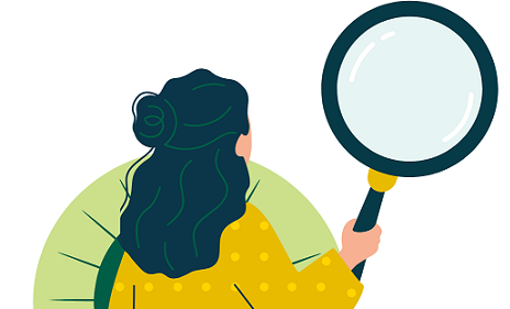 Zeichnung einer Person. Man sieht den Rücken und lange Haare in einem Zopf. Die Person hält eine Lupe.