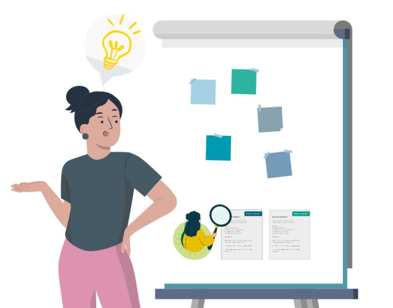 Zeichnung einer Person die vor einem Flipchart steht. In einer Sprechblase über der Person ist eine Glühbirne. Auf dem Flipchart kleben unterschiedliche Dinge.